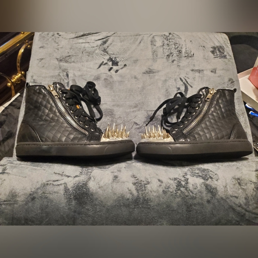 Black Quilted High-Top Sneakers with Silver Spikes